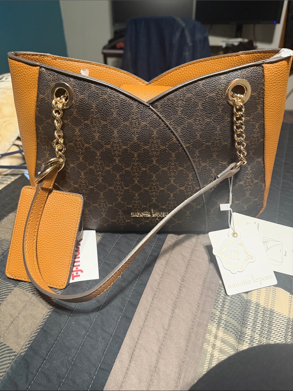 Nanette Lepore Brown Monogram & Tan Chain-Handle Shoulder Bag